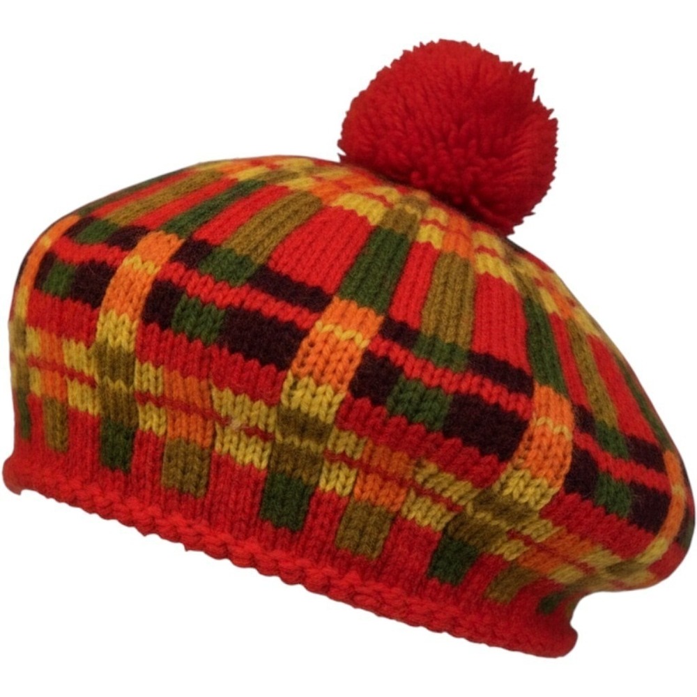 Hand Knitted Beret Hat Beanie Colorful Plaid Print Pom Pom Retro 70s Preppy